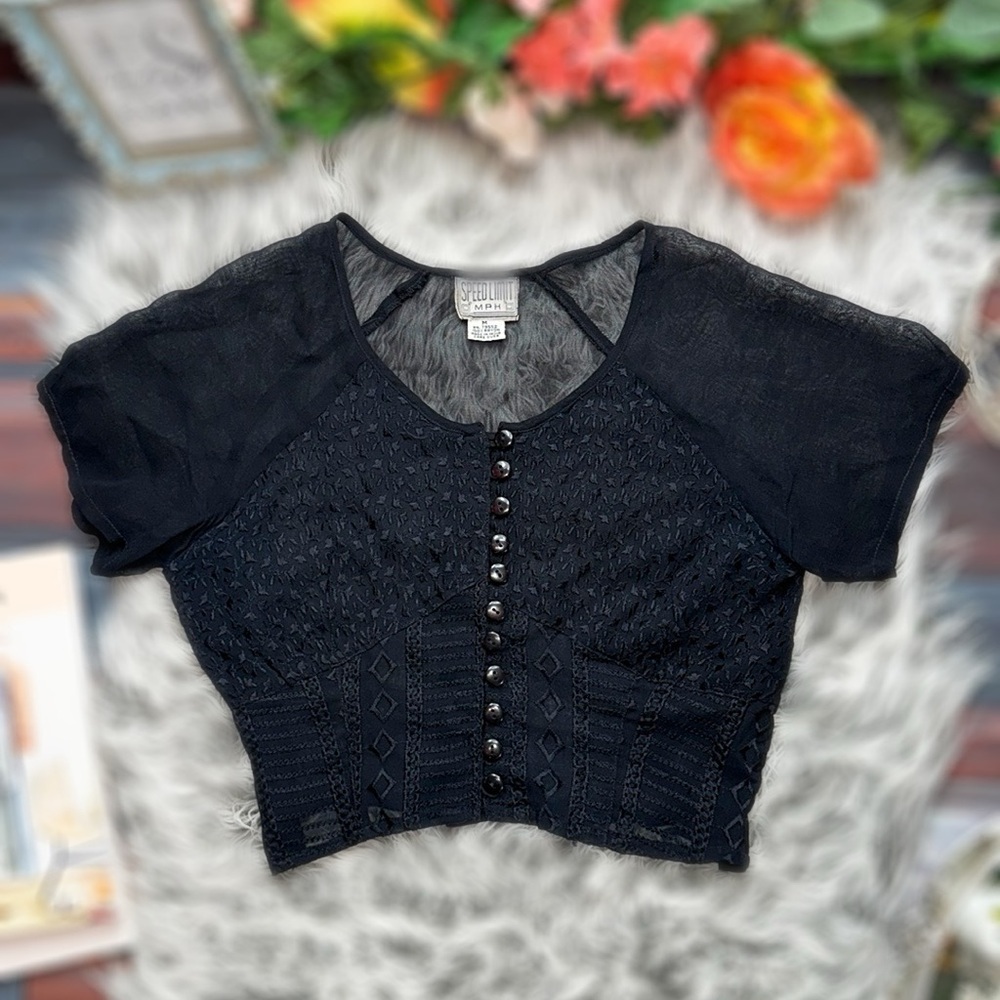 Vintage Y2K Speed Limit MPH Black Sheer Lace Crop Top Size M